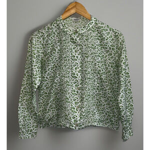 Vtg Sanforized Blouse PinTuck Top - White Green Ditsy Floral -Tag 32 - Sz XS - S